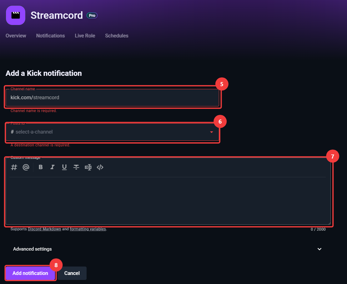 Screenshot of kick notification add page