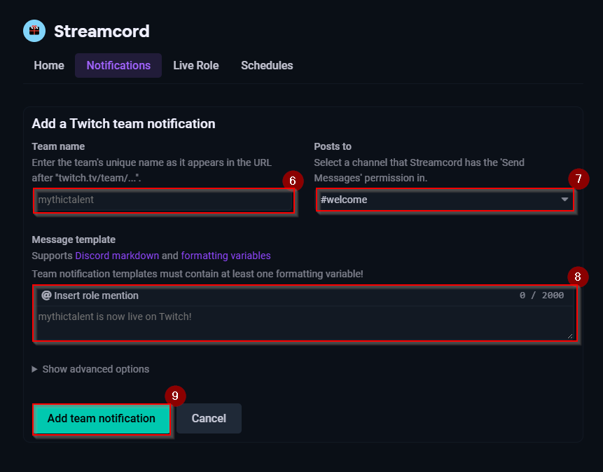 Screenshot of notification add page