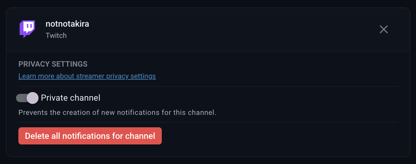 Screenshot of a connected Twitch account on the Streamcord Dashboard, including available privacy settings.