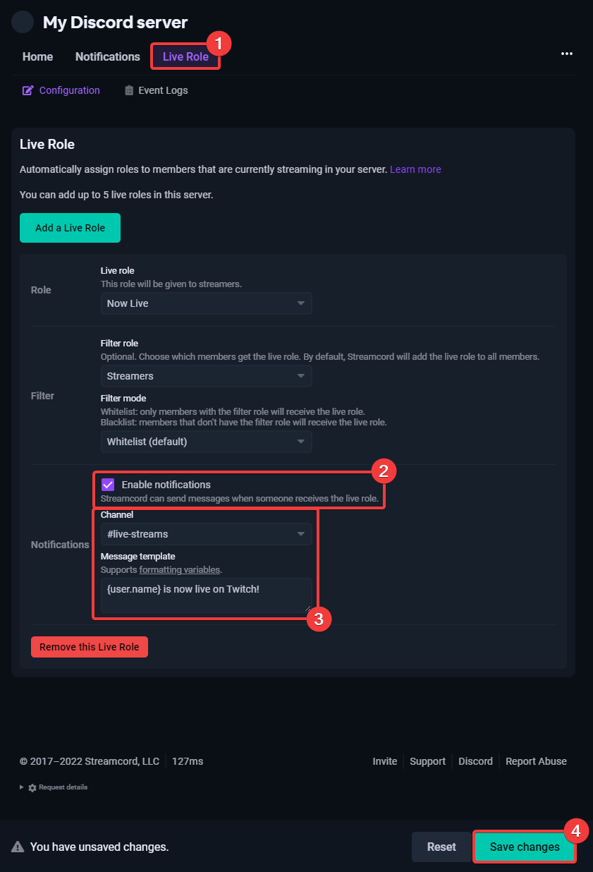 Screenshot of Live Role Notifications setup page on Streamcord Dashboard