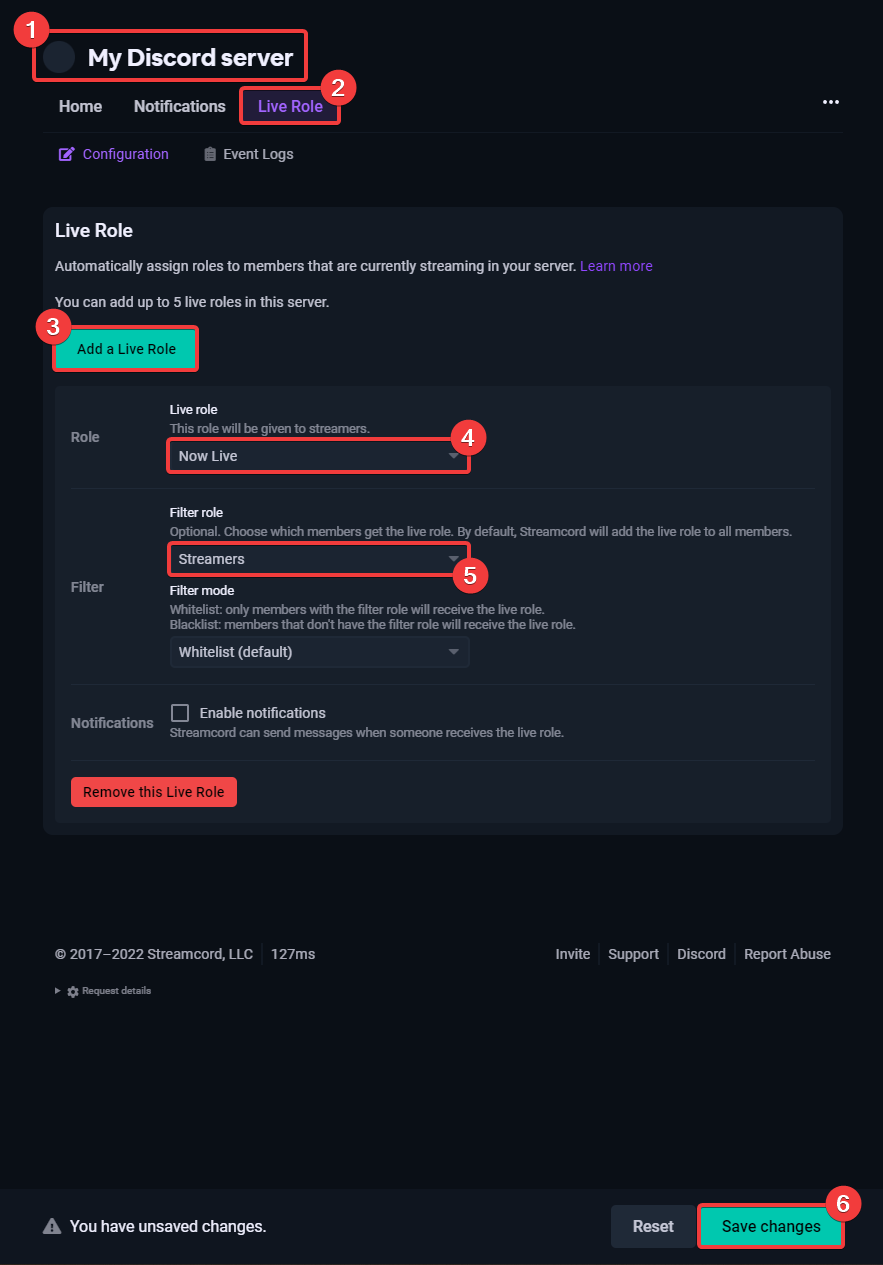 Screenshot of Live Role setup page on Streamcord Dashboard