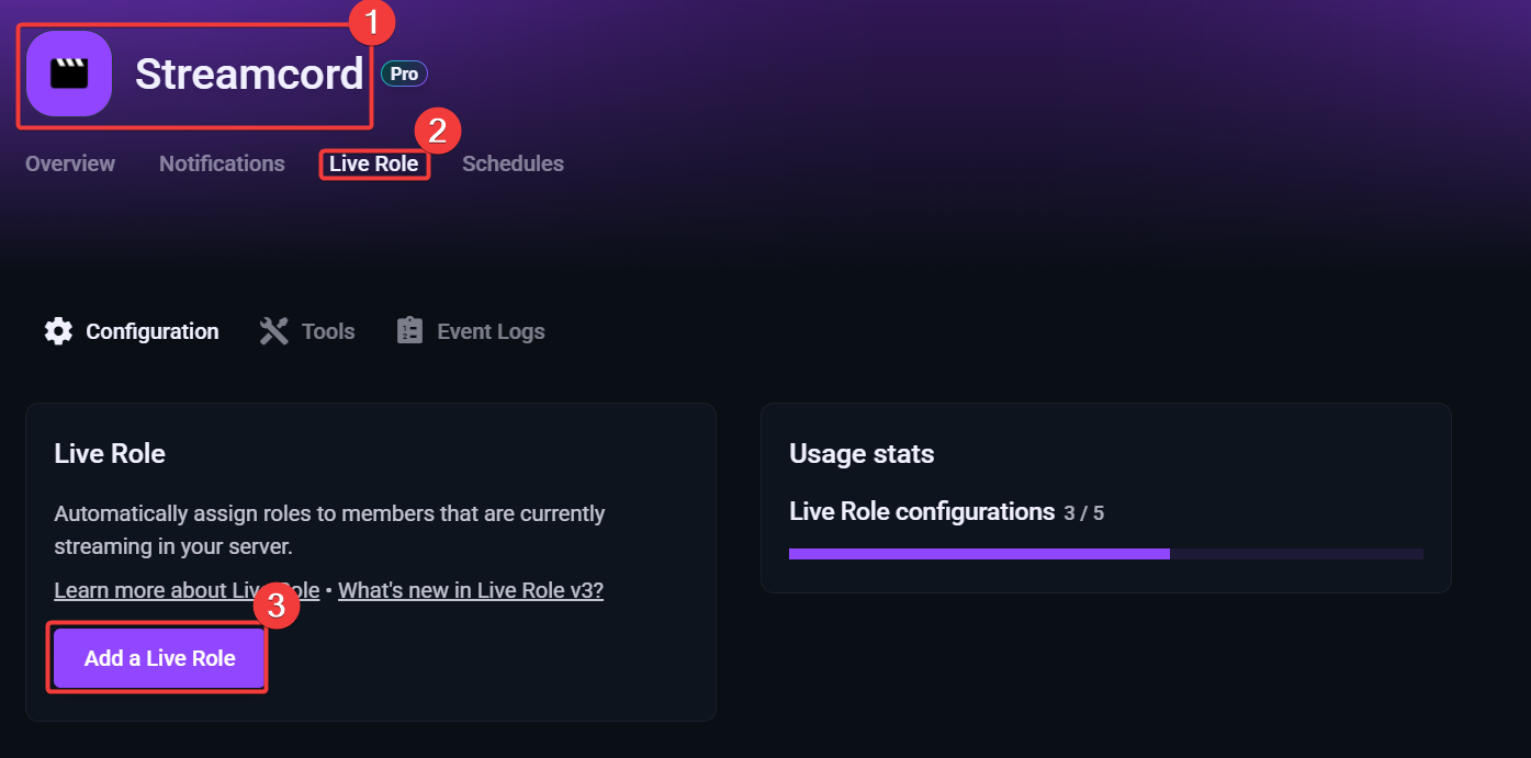 Screenshot of Live Role setup page on Streamcord Dashboard