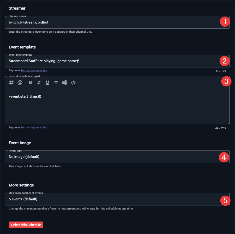 Image of Schedules setup page