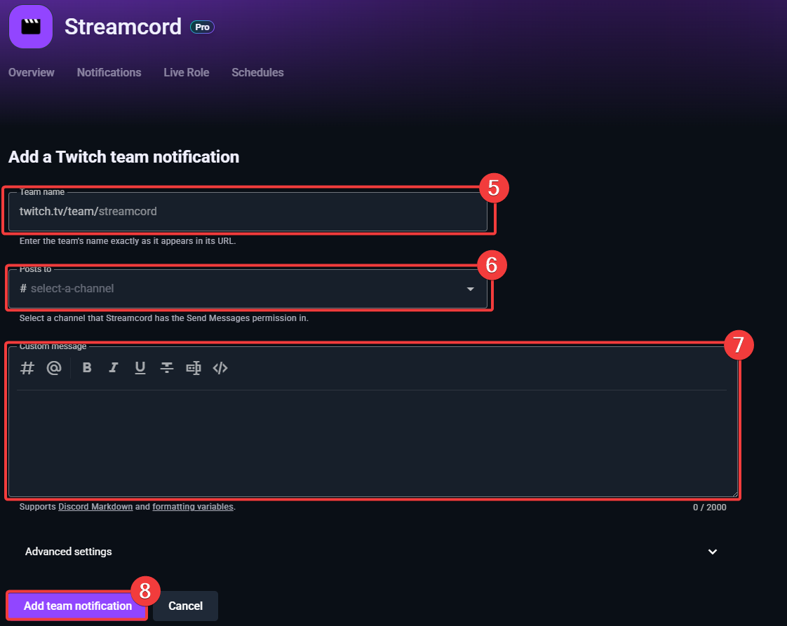 Screenshot of notification add page