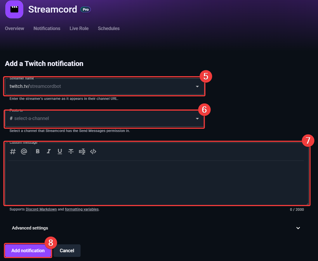 Screenshot of twitch notification add page