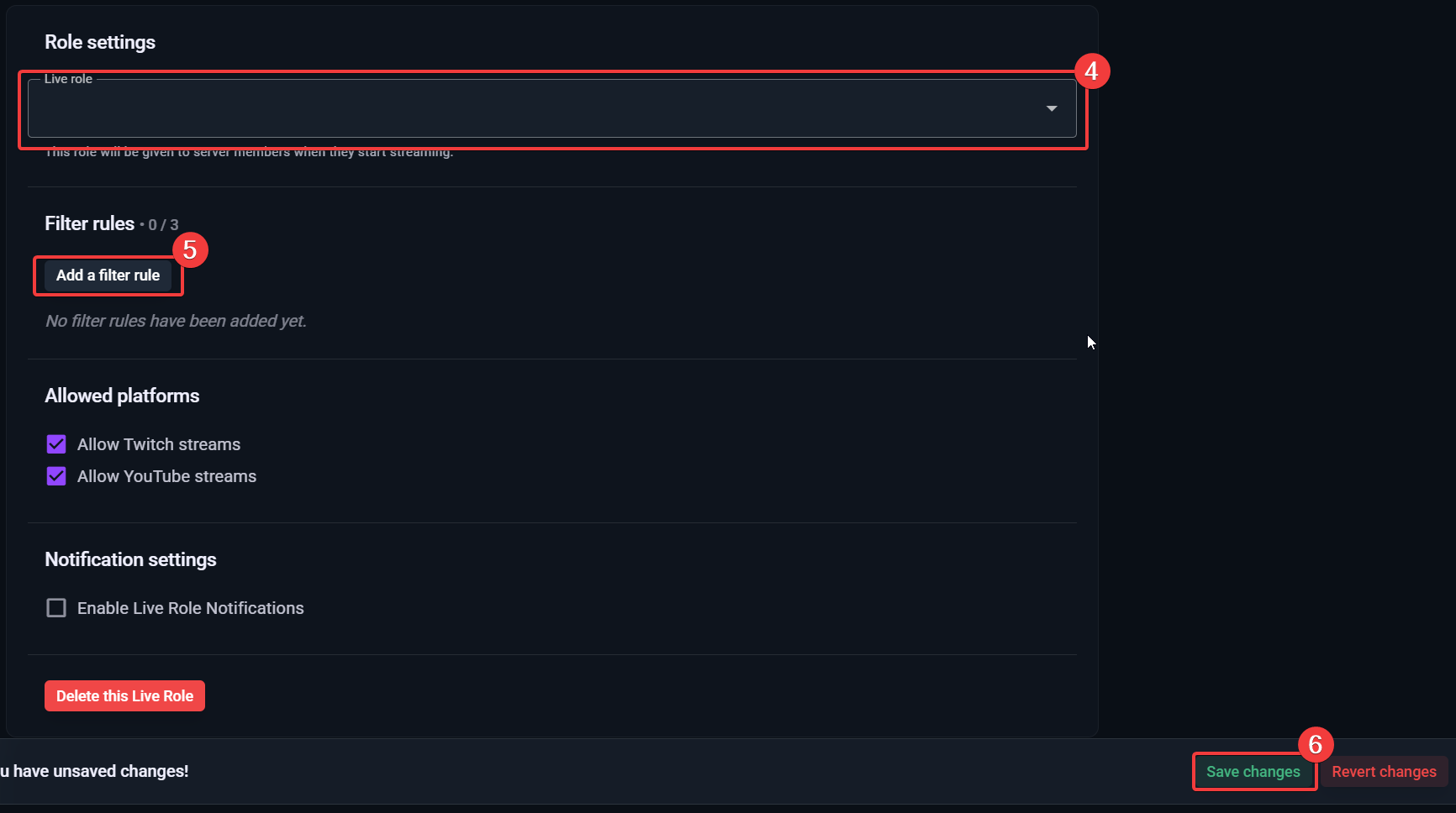 Screenshot of Live Role Notifications setup page on Streamcord Dashboard