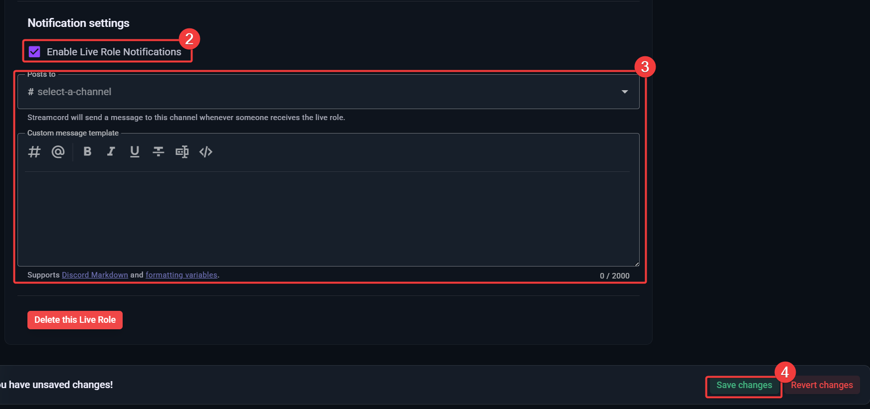 Screenshot of Live Role Notifications setup page on Streamcord Dashboard