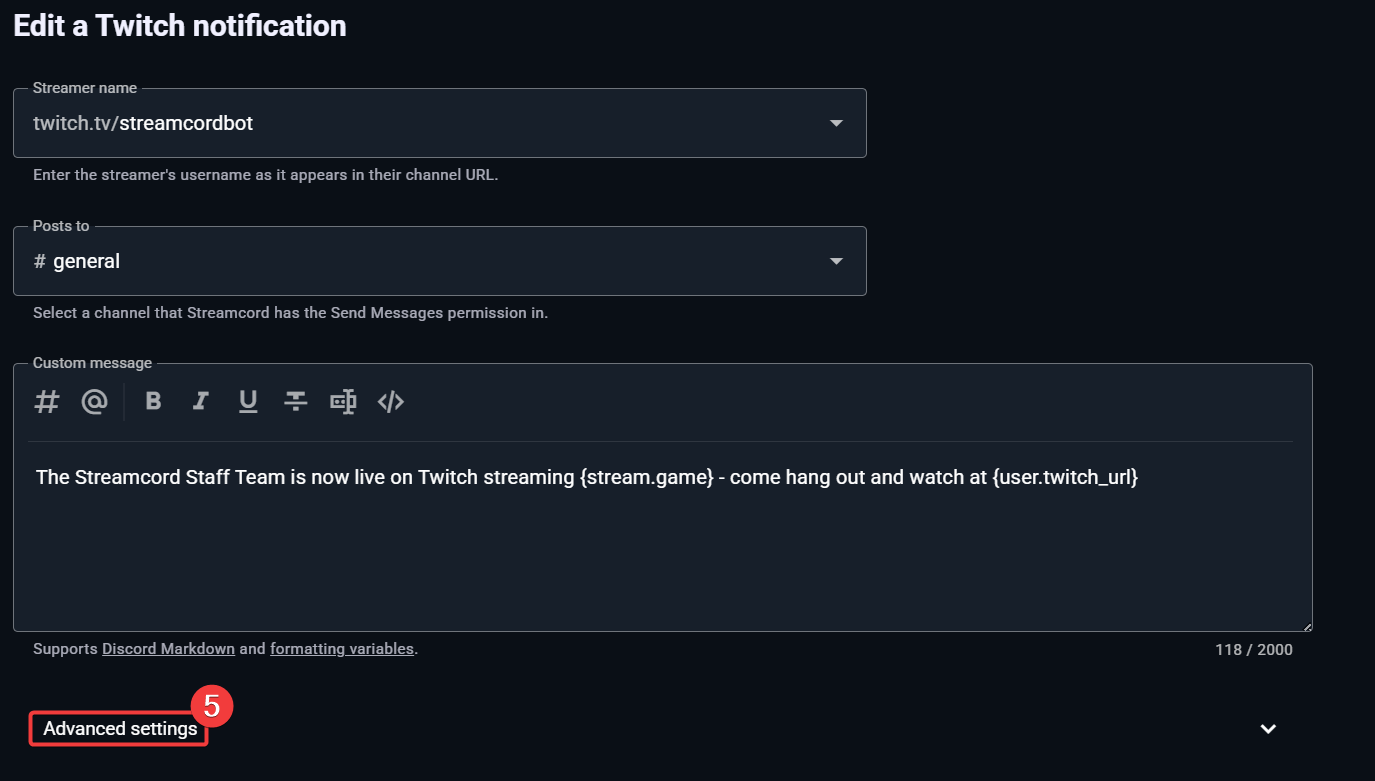 Photo of the Notification Screen highlighting the Show Advanced Options button