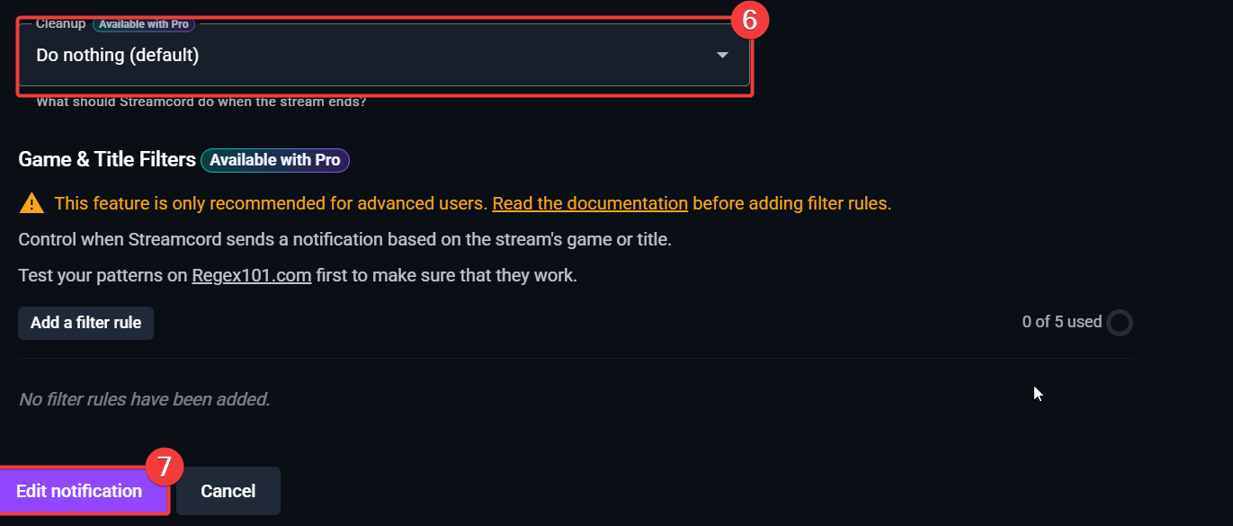 Photo of the Notification Screen highlighting the clean up methods and Edit Notification button