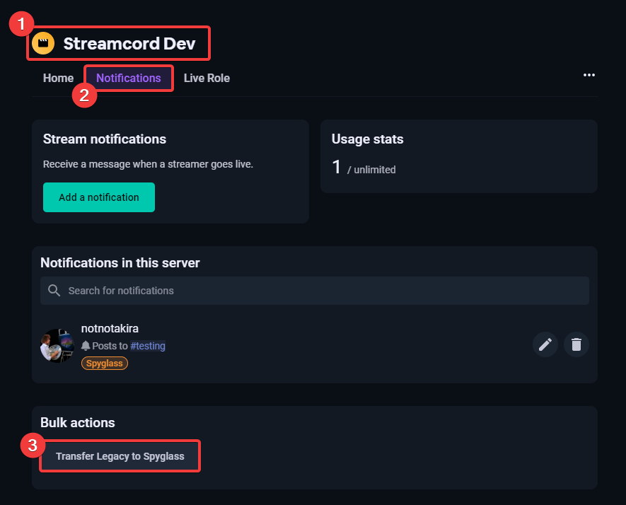 Screenshot of notifications page on Streamcord Dashboard