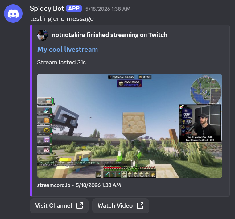 A screenshot of an example stream end notification with the Twitch VOD info embed